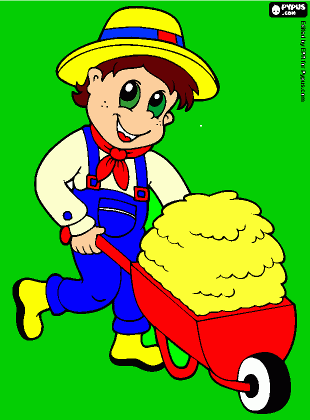 een boer met een kruiwagen vol hooi kleurplaat